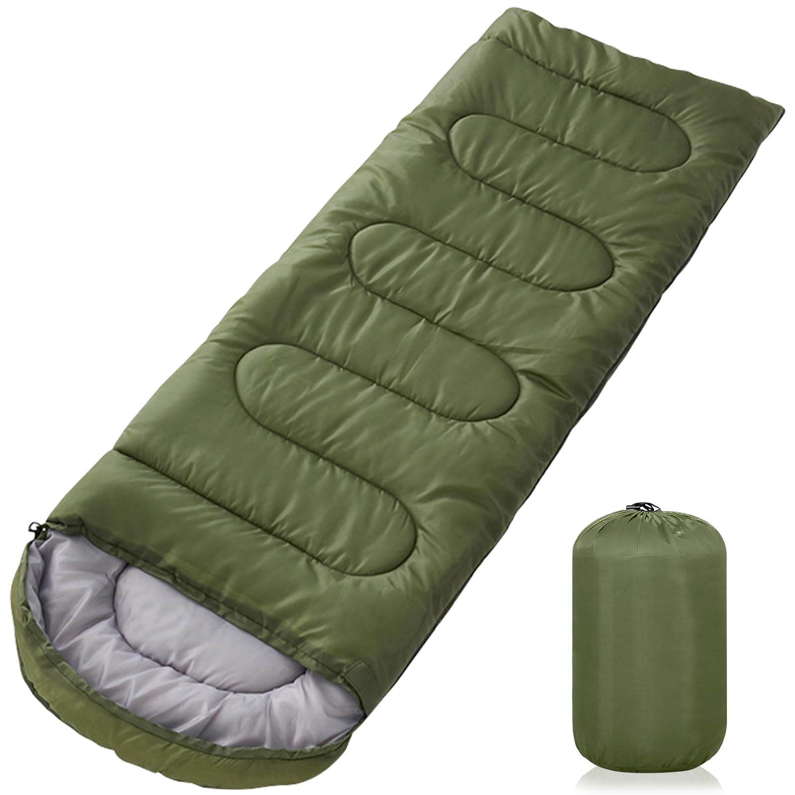 AQXONG Saco de Dormir Verde, 220x85cm Saco de Dormir de 3 Estaciones, Impermeable con Bolsa de Compresión Portátil para Camping, Senderismo, Actividades al Aire Libre