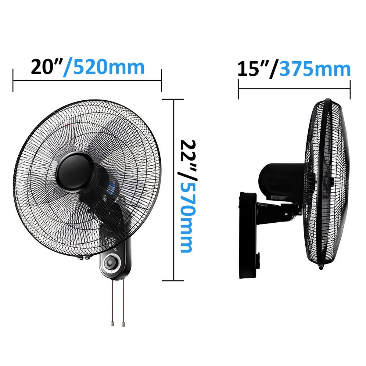 Ventilatore da parete 52 cm / 3 impostazioni di velocità/oscillazione di 120 gradi/griglia di sicurezza/funzionamento con cavo di trazione/motore silenzioso/facile installazione