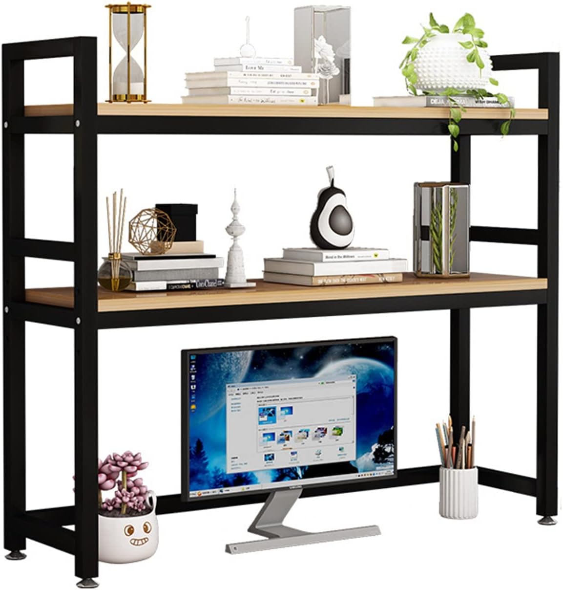 Countertop Hutch Bookshelf, 2 Tier wood and Metal Desktop Bookcase for