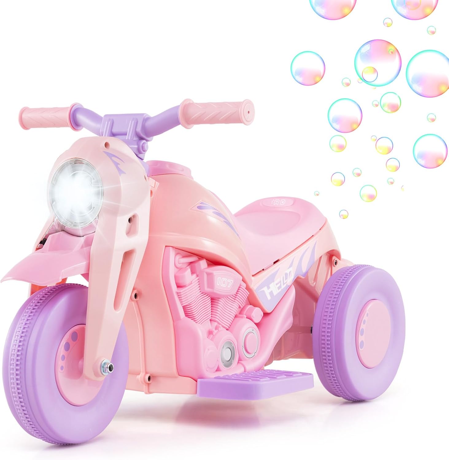 OLAKIDS Kids Motorcycle, 6V Electric Ride On Car with Automatic Bubble Function, Foot Pedal, Headlight, Music, 3 Anti-Skip Wheels Vehicle for Children, Toddler Ages 3+ (Violet)