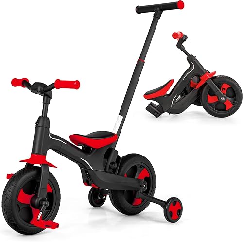 BABY JOY Triciclo plegable 5 en 1 para niños pequeños, triciclo plegable para niños con mango de empuje de dirección ajustable, pedales extraíbles y