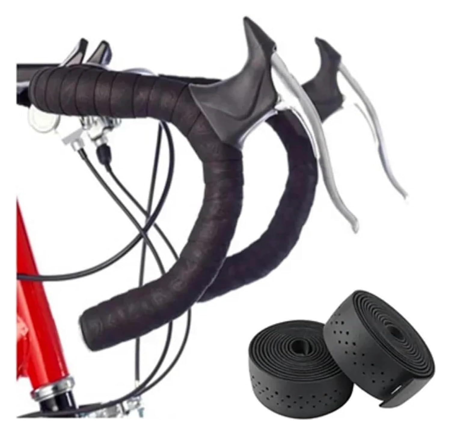 Handlebar Tape,Bike Handlebar Tape Bicycle Handlebar Tape Road Bike PU Leather Perforated Belt Breathable Soft MTB Fixed Gear Belt Cycling Accessory(Red)