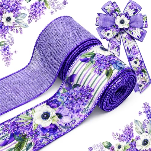 2.5 Inch Purple Floral Wired Edge Ribbon Decorative Fabric Craft Ribbon for Bows Wreaths Gift Wrapping Spring Summer Party and Home Decor 2 Rolls 20 Yards(Purple)