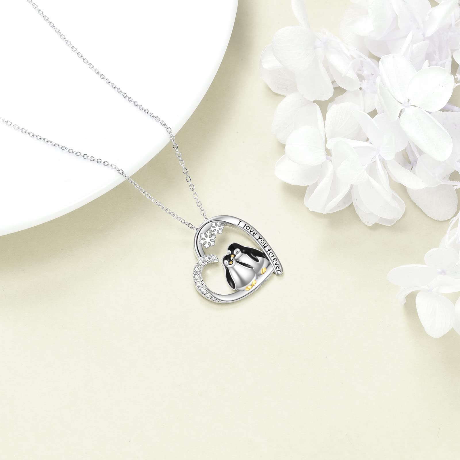 POPLYKE Herz Zwei Pinguin Halskette für Damen 925 Sterling Silber Highland Kuh Schmuck Schwester Freund Mama Tochter Pinguin Geschenke für Damen Geburtstag
