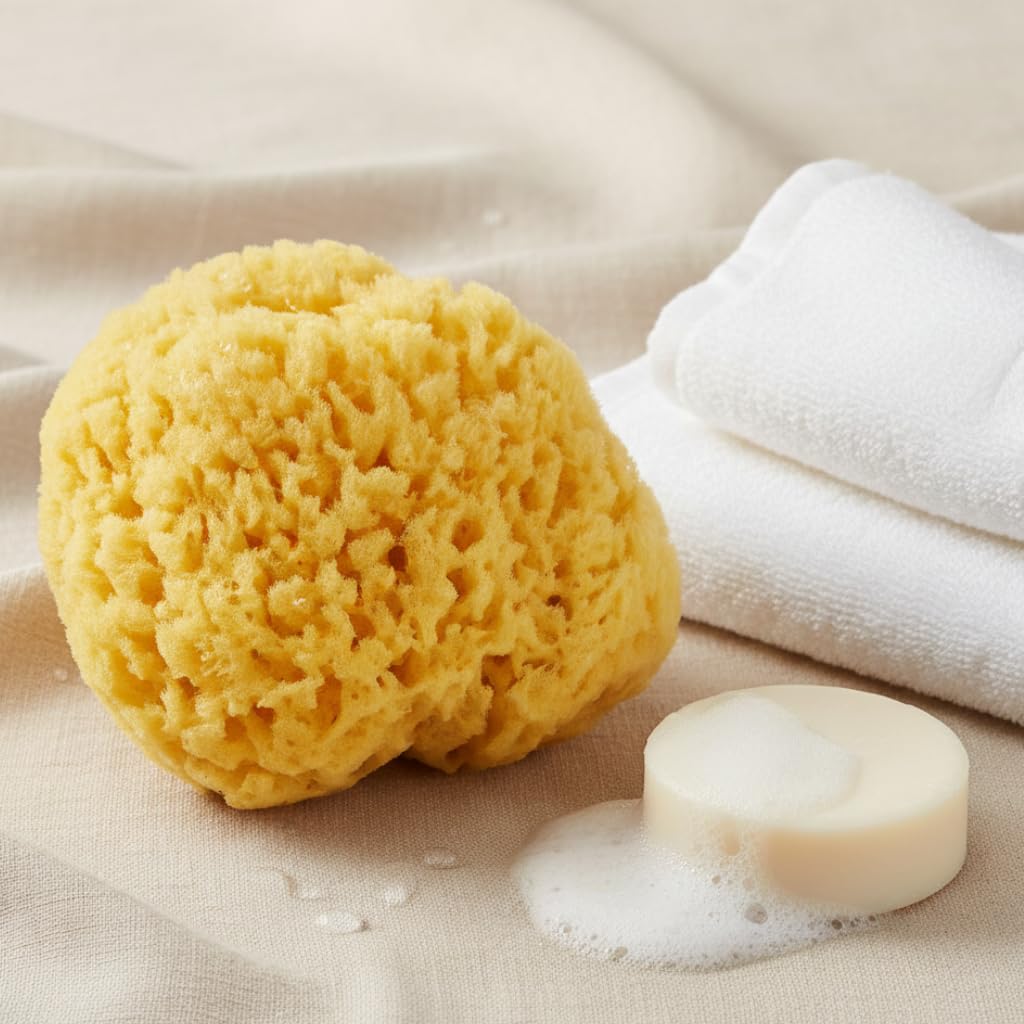 Gąbka morska do kąpieli, 12,5 cm, miękka, szorstka, ale nie drażniąca skóry – żółta, naturalna gąbka do kąpieli – naturalna gąbka do ciała i pod prysznic, bardzo dobrze się myje