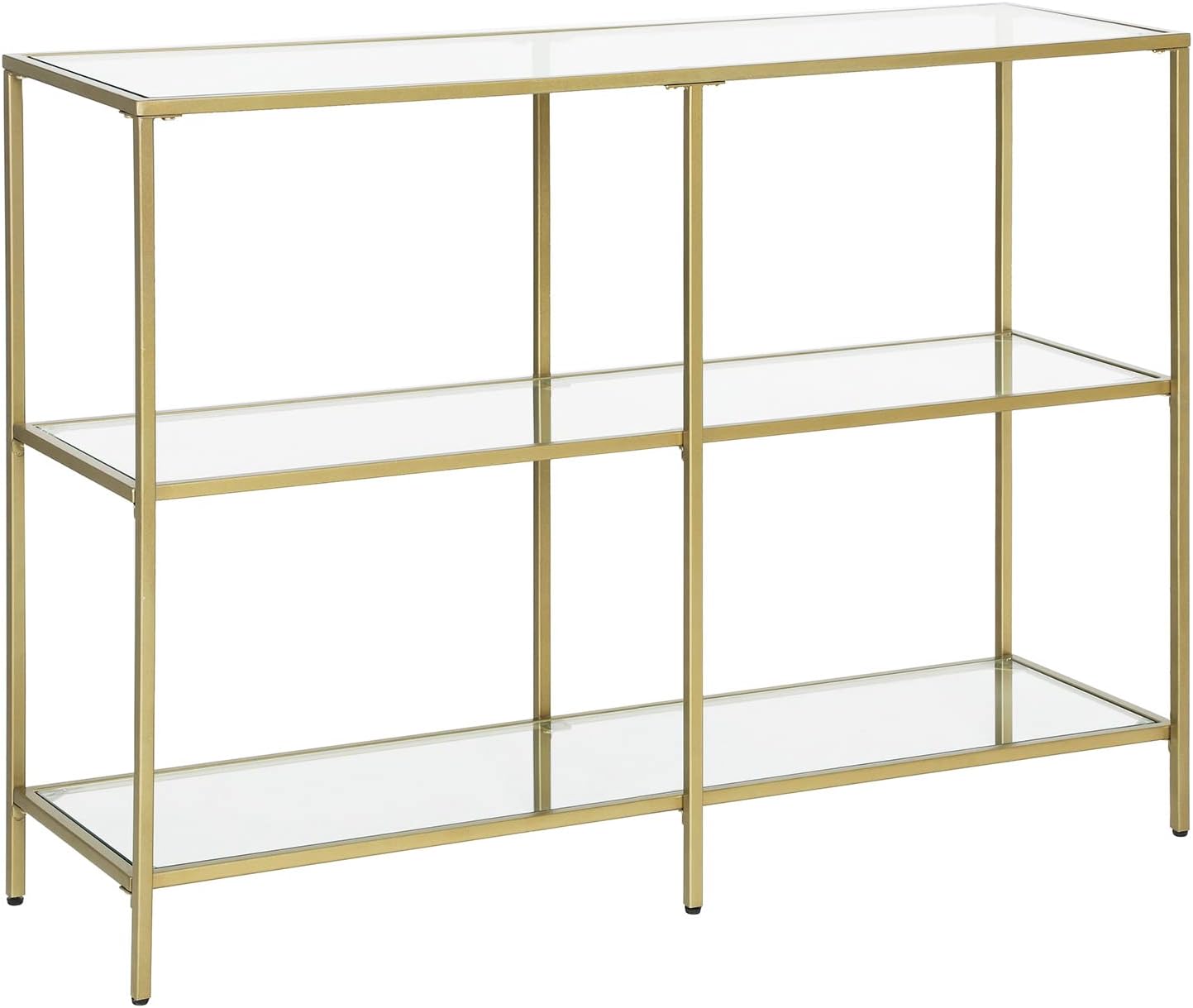 VASAGLE Console Table, Entryway Cabinet, 3 Tier Shelf, Tempered Glass, 100 x 30 x 73 cm, Metal Frame, Modern Style, Hallway, Living Room, Bedroom, Gold LGT27G