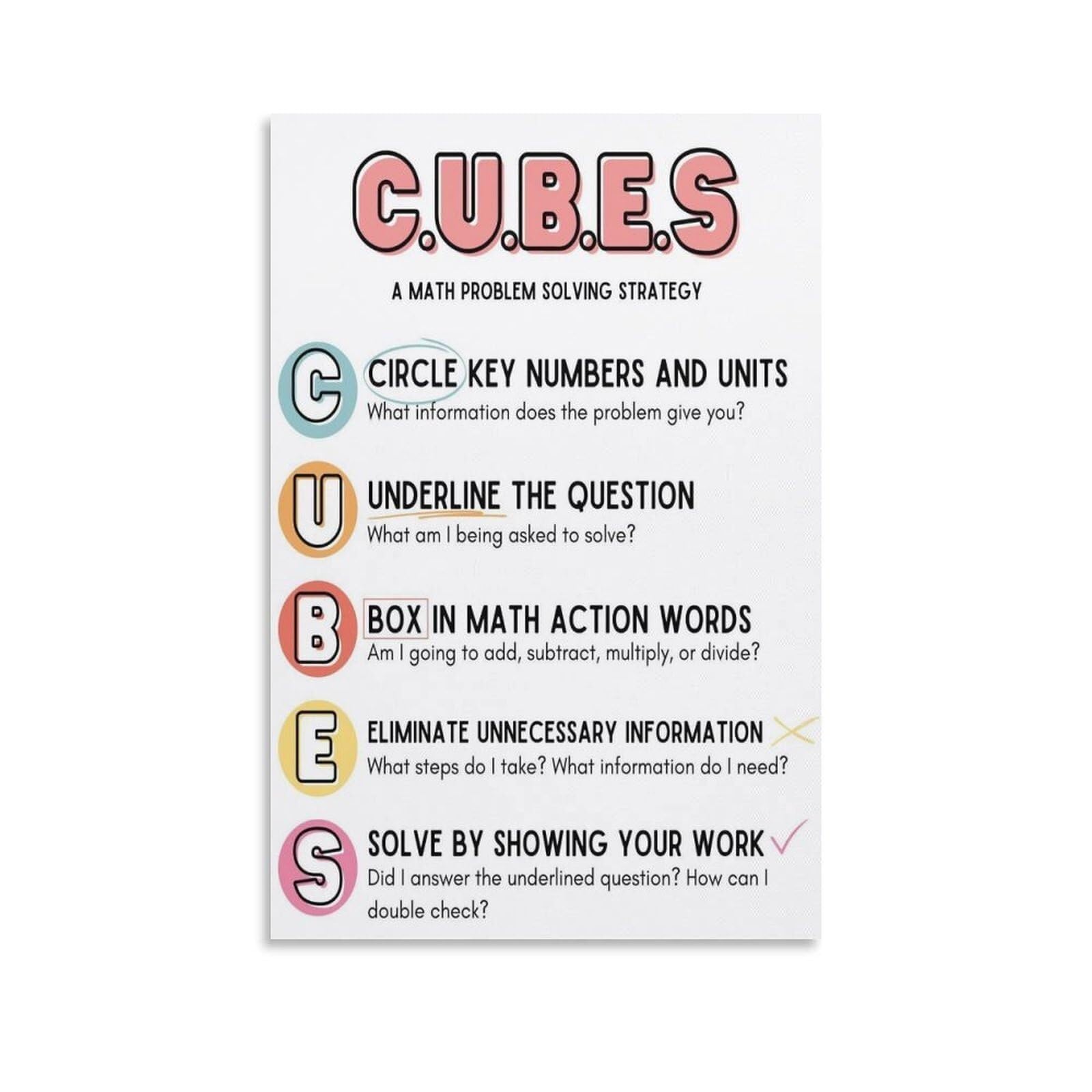 MDBJTCYZN CUBES Math Strategy Poster for Word Problems Educational Anchor Chart Wall-Art for Classroom Homeschool Room Decor