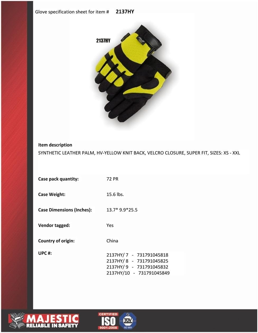 Hawk Majestic 2137HY Mechanics Gloves, Armor Skin Synthetic Leather Palm & Fingers, Neoprene Knuckle, Hi-Viz Yellow & Black, Size: 2XL, 3 Pair