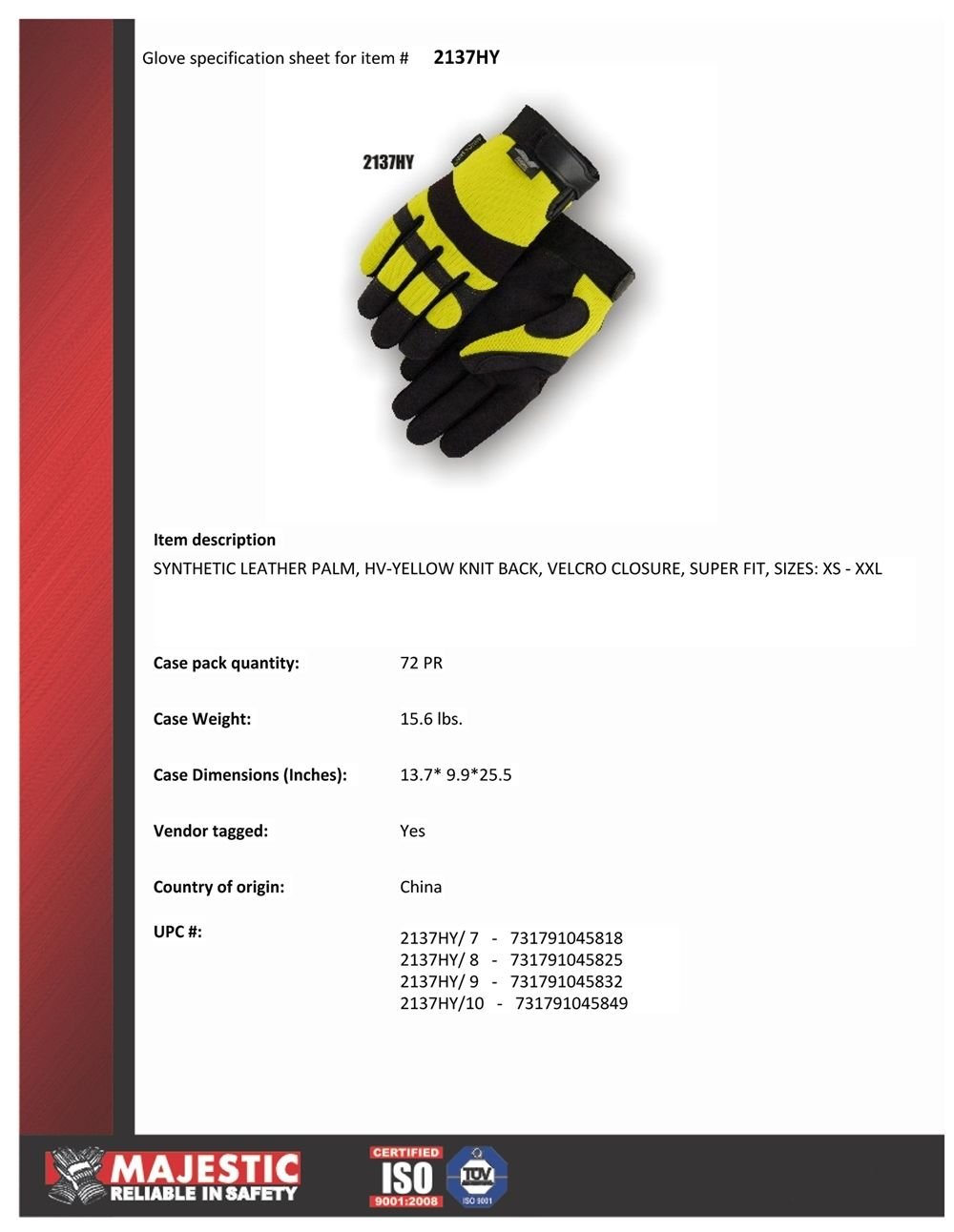 Birsppy Majestic 2137HY Hawk Mechanics Gloves, Armor Skin Synthetic Leather Palm & Fingers, Neoprene Knuckle, Hi-Viz Yellow & Black, Size: Medium, 3 Pair
