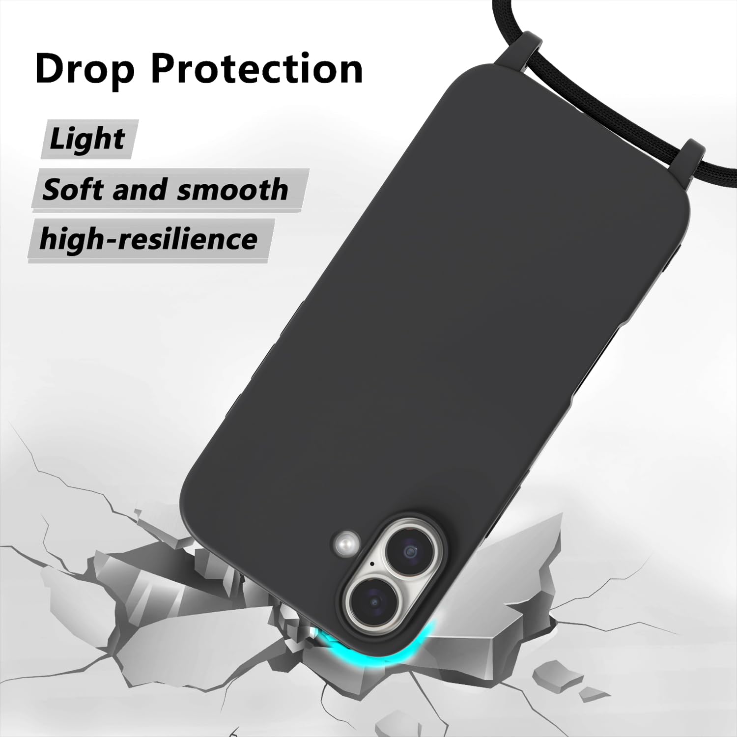 AOMYKE Cover per iPhone 16 con Cordino, Custodia con Laccio Collana Tracolla Collo Liquido Silicone Antiurto TPU Antiurto AntiGraffio Case - Nero