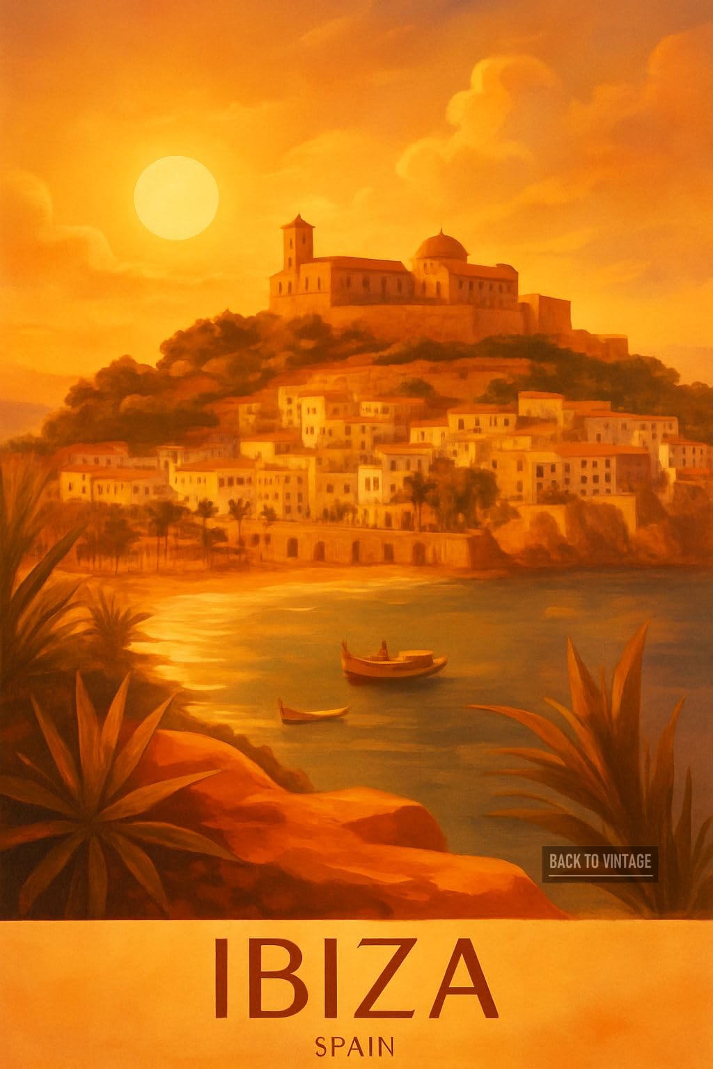 BACK TO VINTAGE Serene Ibiza Sunset Over Mediterranean Landscape With Rustic Town - A4 Travel City Poster Wall Art Home Decor Art Print with Iconic Landmarks and Global Views for Culture Inspired