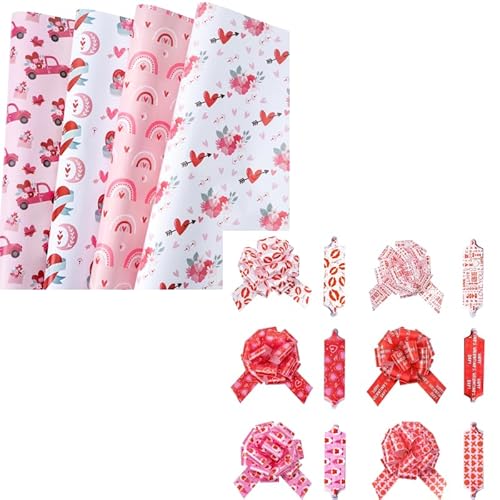 LeZakaa Pink Valentine's Wrapping Paper Sheet, Heart/Rainbow/Pink Trucks Carrying Flowers & 12PCS Pull Bows with Ribbon