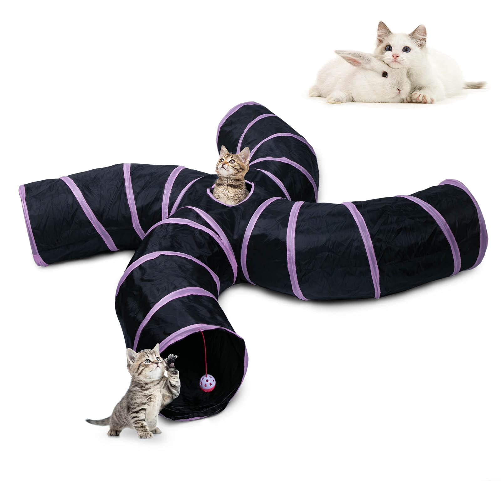 EGETOTA Cat Tunnel, 4 Way S Shape Collapsible Tube with Interactive Ball & Storage Bag, Pet Toys for Small Pets, Cat, Puppy, Kitty, Kitten, Rabbit (Black & Pink)