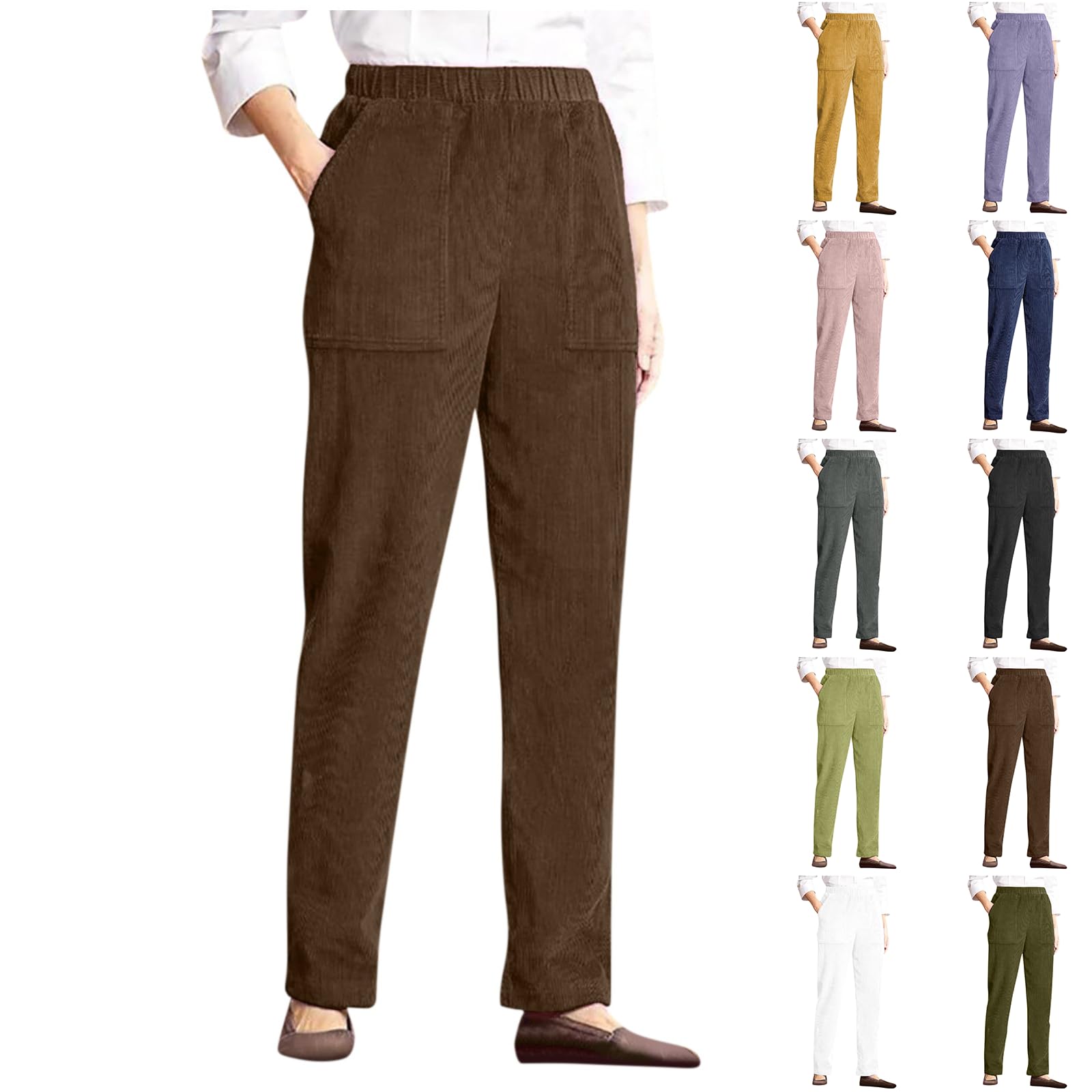 Womens Corduroy Pants Straight Leg Tall Corduroy Comfy Pull On Work Pants Business Casual Elastic Waist Cord Trousers