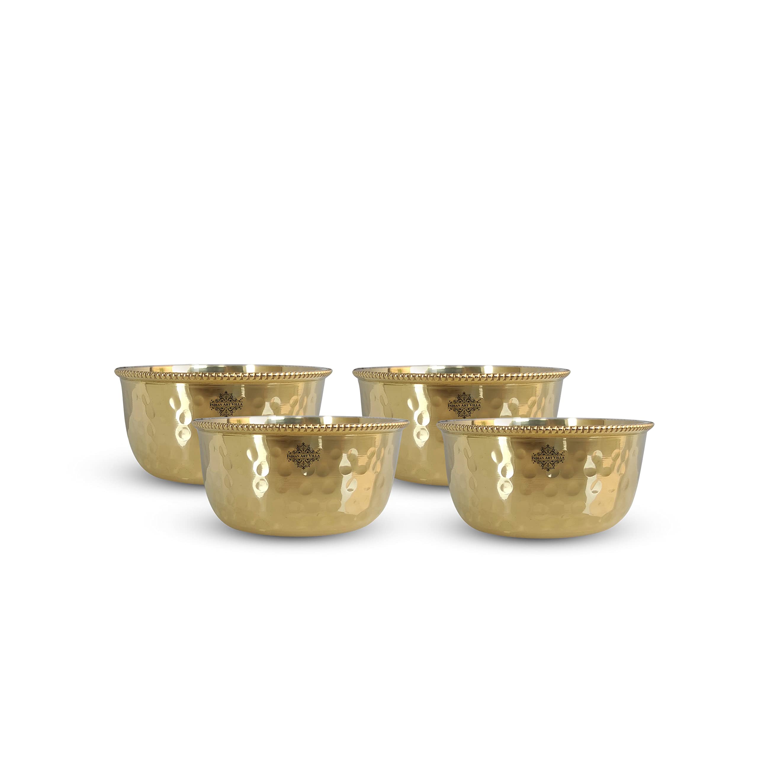 Indian Art Villa Pure Brass Hammered Beeded Design Flat Bottom Bowl, Decorative Dinnerware, Tableware and Serveware for Home Hotel Restaurant, Volume-8 Oz, Set of 4