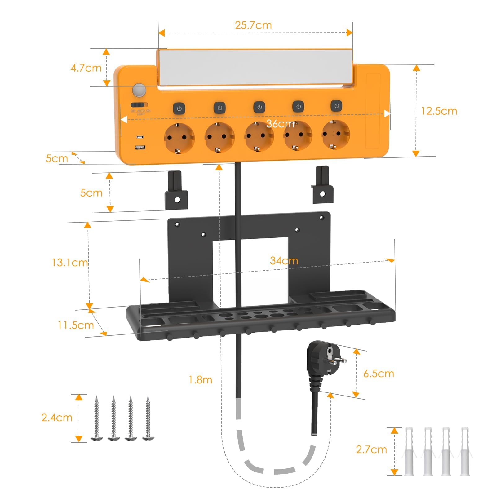 Regleta Enchufes de Pared con 5 Toma de Corriente 3680W y Interruptor Individual, USB A y USB C Puerto de Carga 5V 2.4A, Luz de Ttrabajo LED Giratorio y Portaherramientas para Taller