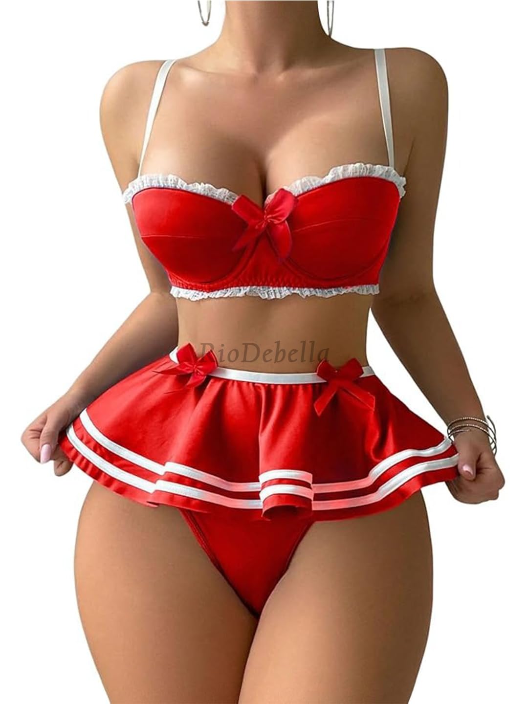 riodebella Women’s Sexy Lingerie Bra & Skirted Panty Set with Red Bow Detailing – Role Play, Honeymoon & Nightwear Outfit-picture-48