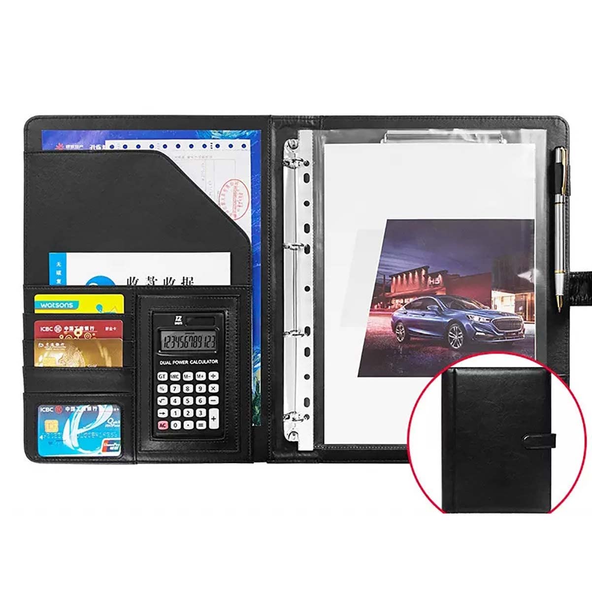 Binder e blocchetto appunti a anello rimovibile, Raccoglitore ad anelli A4 in pelle PU con tasche multiple, passante for penna e 15 pellicole dati multicolore(Black,12 bit calculator)