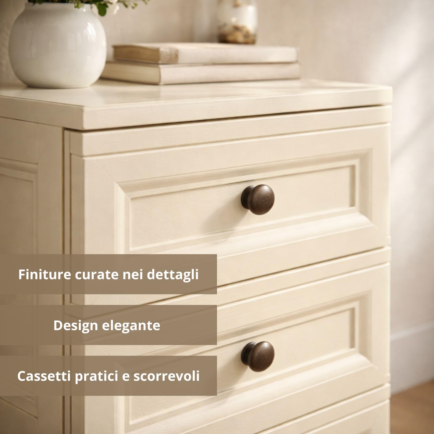 Cassettiera Alta in Plastica con 4 Cassetti Piccoli, Mobile Contenitore Compatto per Organizzazione Casa, Cassettiera Salvaspazio per Ingresso e Zona Giorno, 40x43x85,5 cm (Angora)