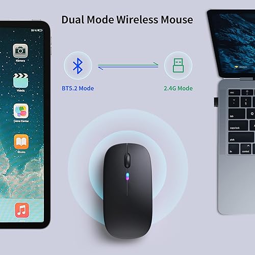 Miniatura 4 de KANMABPC Ratón Bluetooth inalámbrico, mouse recargable LED de modo dual (Bluetooth 5.2 y receptor USB), mouse silencioso portátil, para
