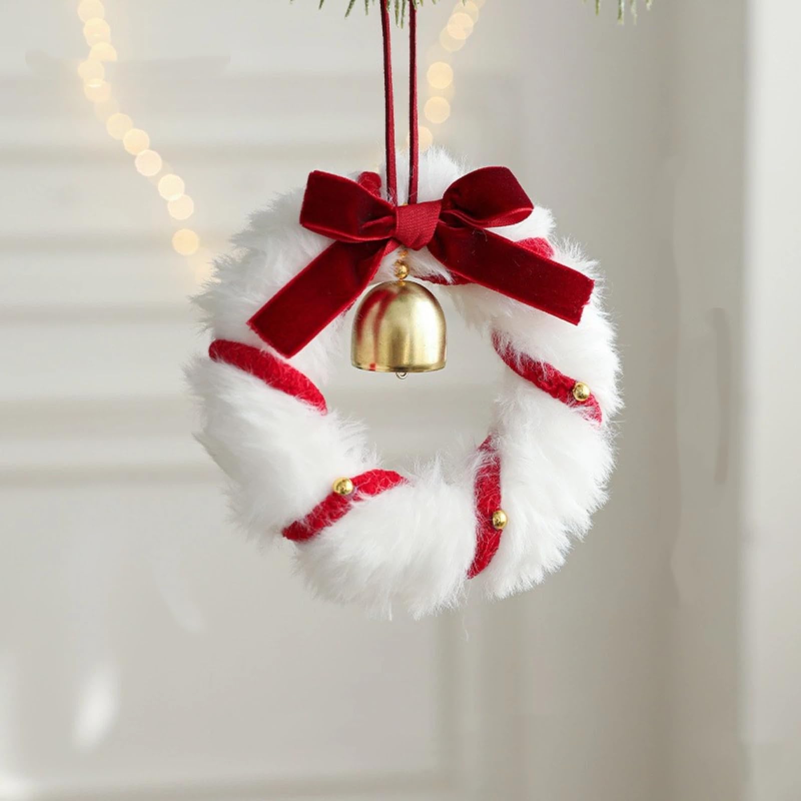 Bell, Bow, Plush Flower Wreath Decoration, Festive Atmosphere Pendant, Ribbon Hanging, Window Decoration