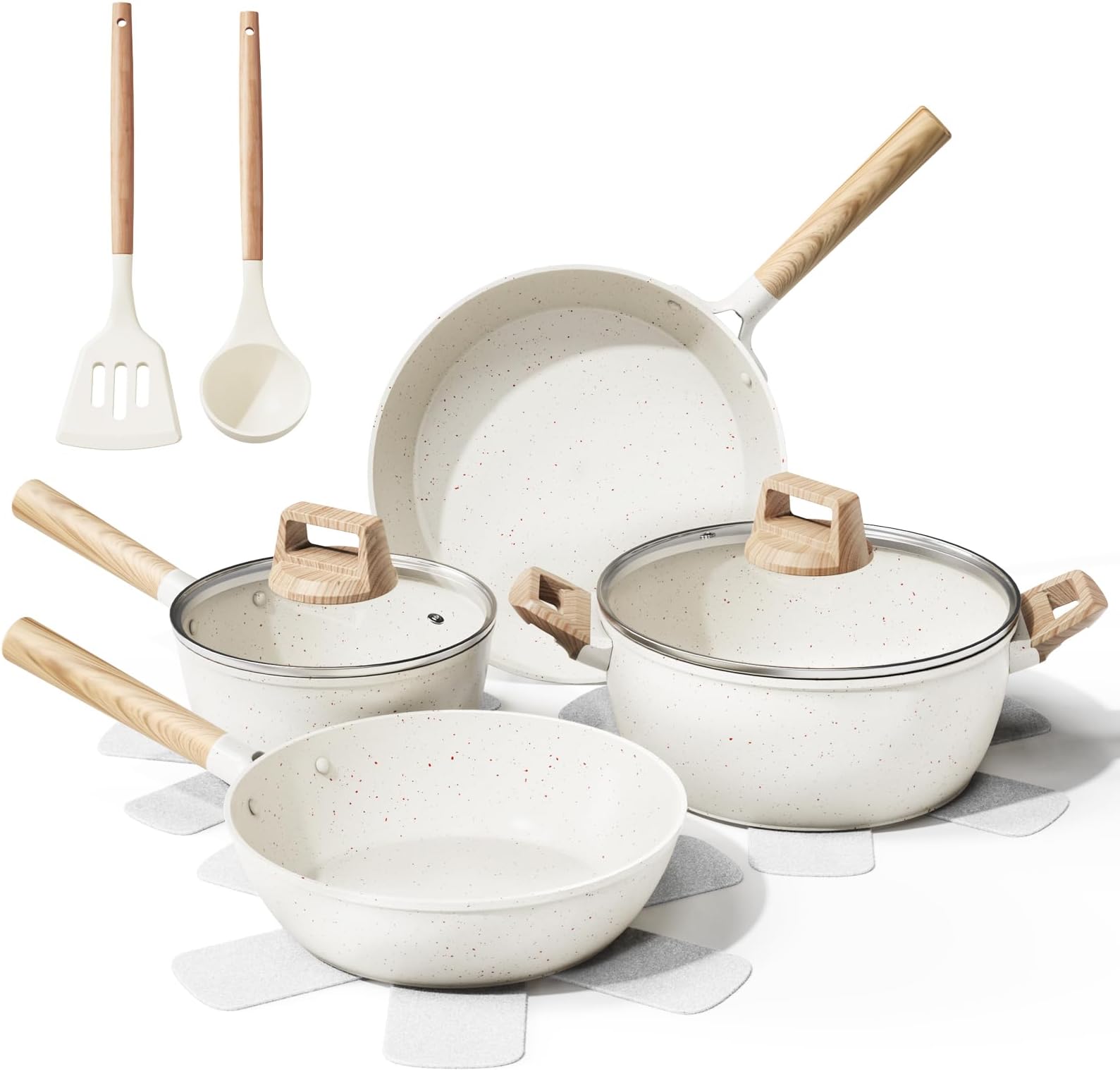bazova11 Pcs Pots and Pans Set Non Stick with Large Capacity, Ceramic Cookware Set with Utensils, Healthy and Non Toxic, All Stoves Compatible Include Induction, PTFE/PFAS/PFOA Free, Cream WhiteClimatePartner certified