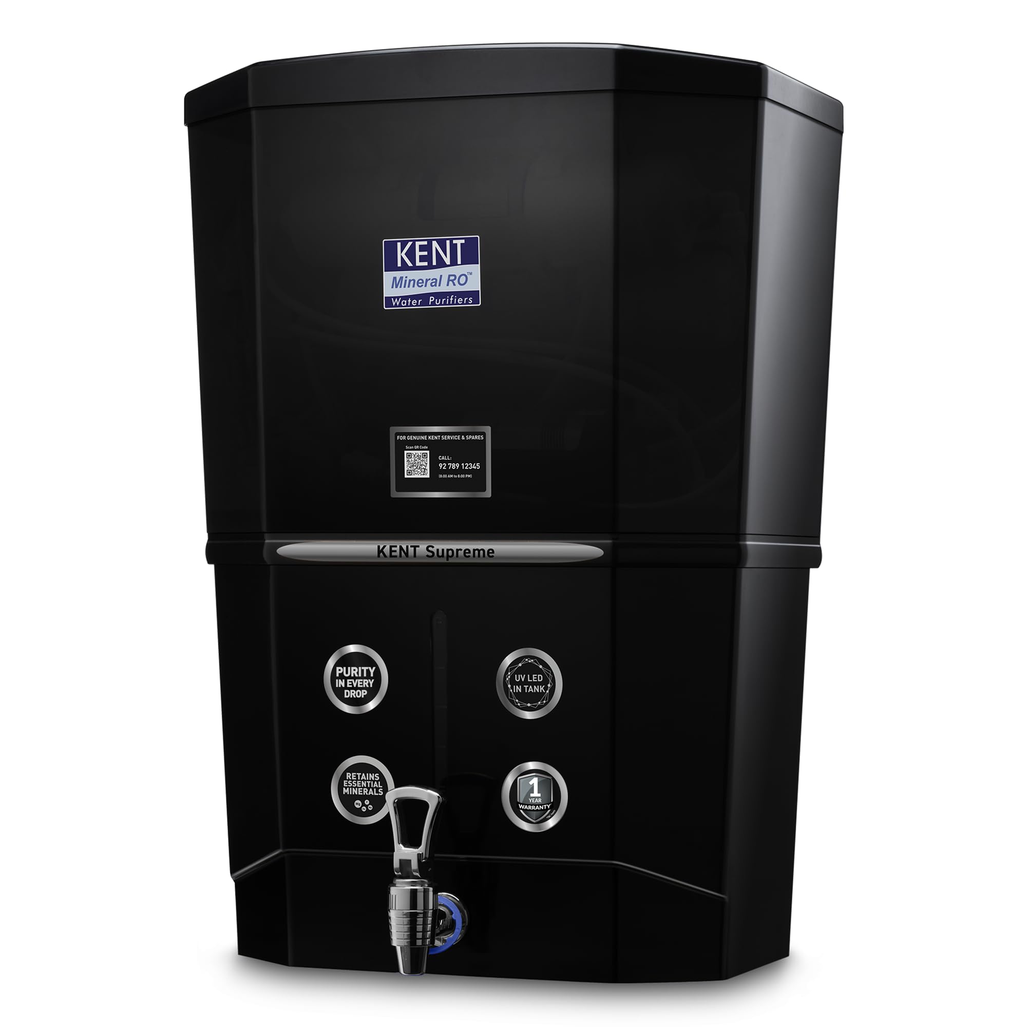 KENT Supreme RO Water Purifier | .0001 Micron RO Membran | RO+UF+TDS Control + UV LED Tank | 8L | 20 LPH | Ideal for Borewell/Tanker/Municipal Water |Rs1000OffonExchange |Largest Service Network|Black