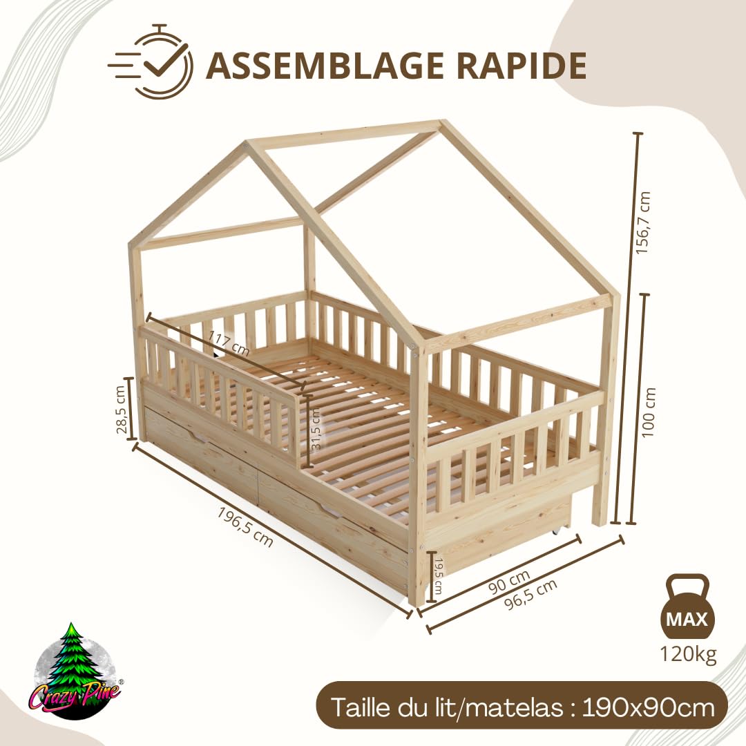 Lit Cabane avec Tiroirs 190x90 cm – Lit Enfant en Bois Naturel avec Barrière – Montessori au Sol avec Espace de Rangement Supplémentaire et Barrière Amovible - Crazy House