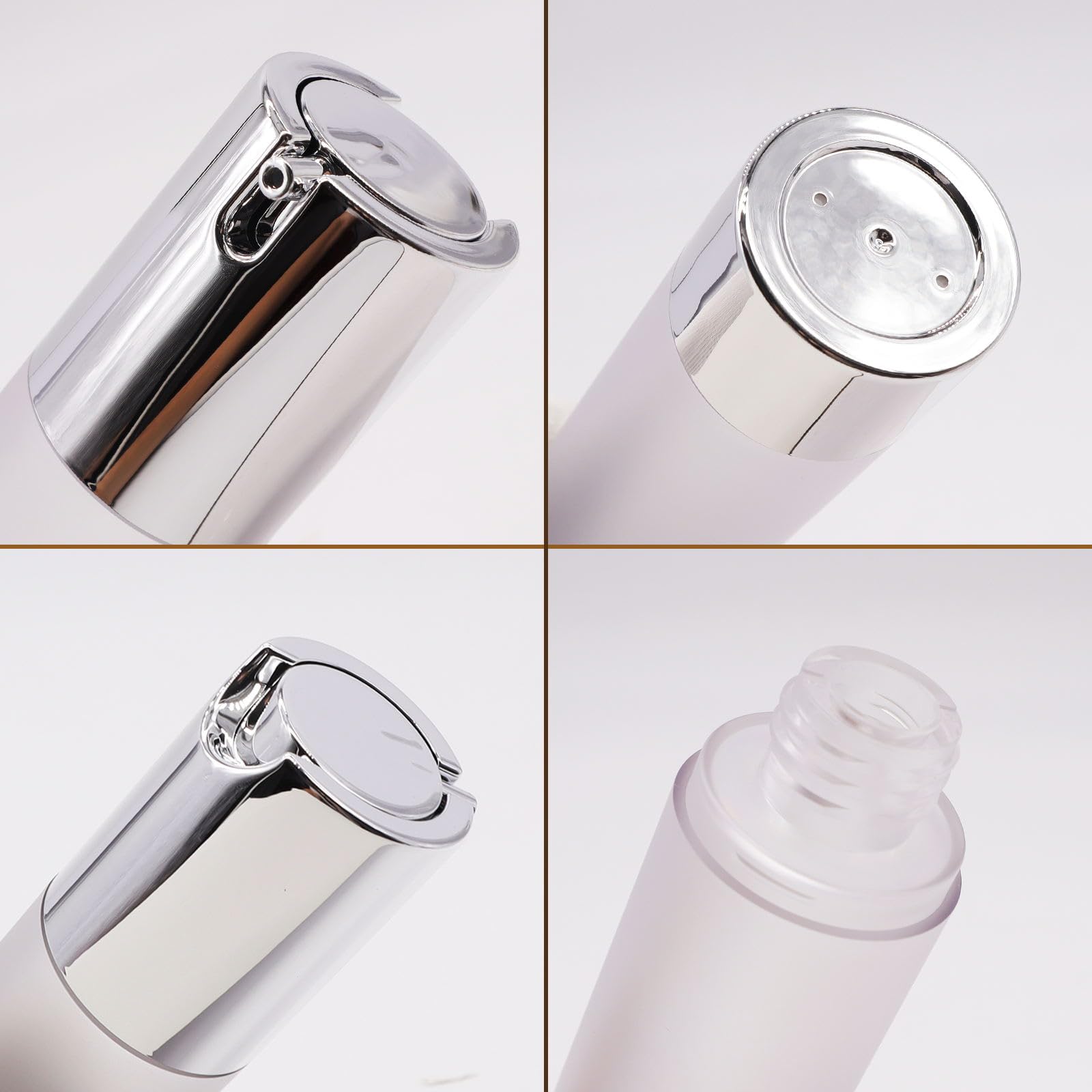 6 flaconi trasparenti satinati con imbuto, dispenser sottovuoto da viaggio, contenitori per cosmetici ricaricabili per fondotinta, crema, sieri, shampoo, lozioni, Argento satinato, 1.7 Ounce