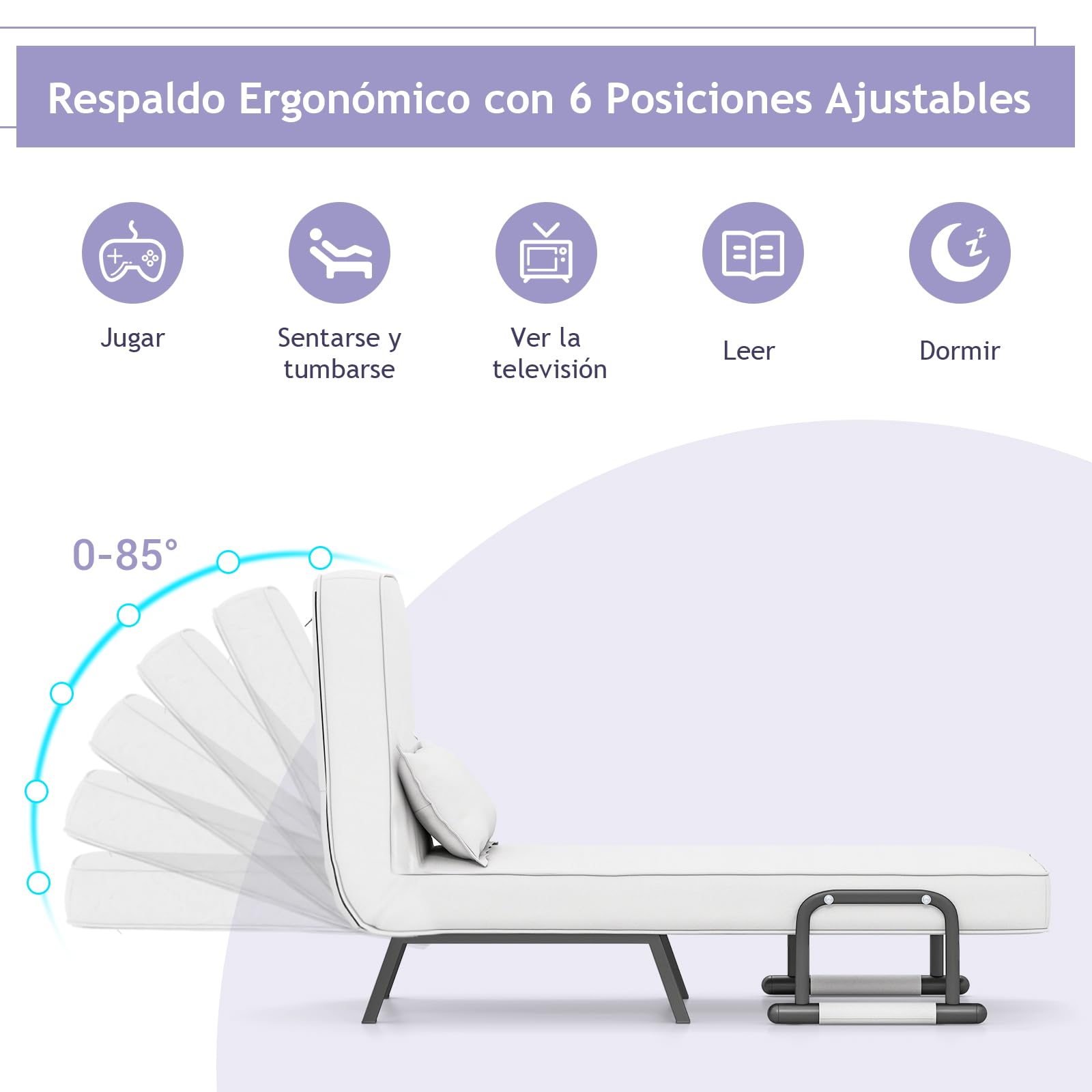 GOPLUS Sofá Cama Individual, Sillón Relax Reclinable 4 en 1 con Respaldo Ajustable en 6 Posiciones, Almohada y Orejero, Butaca de Salón 1 Plaza para Oficina, Salón, Carga 150kg (Blanco)