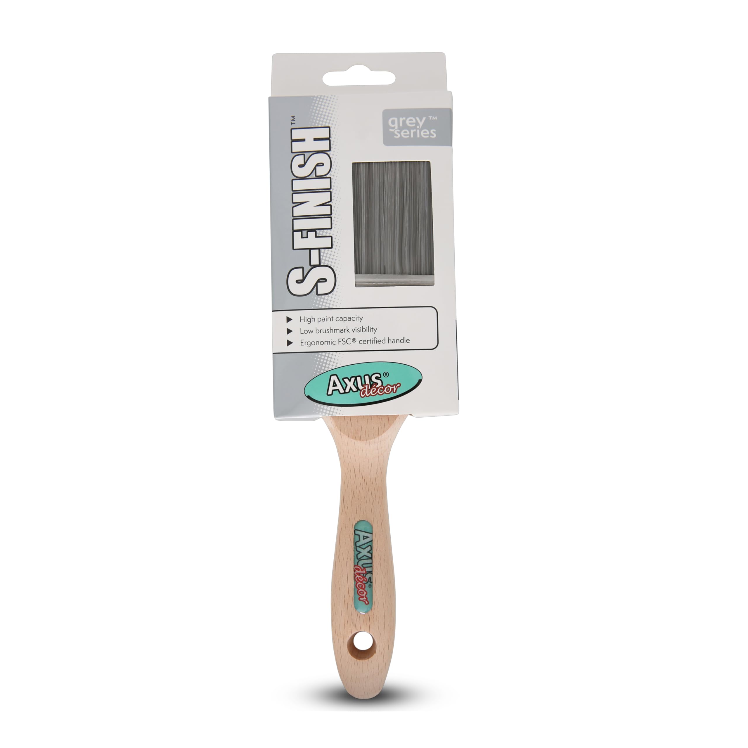 Axus Decor S-Finish Paint Brush (Grey Color) - 3"/75mm - For All Paints, Eco-friendly Natural Birchwood Handles, Anti-Rust Stainless Steel, Synthetic Filaments, Compatible With Brushmate Vapour Boxes