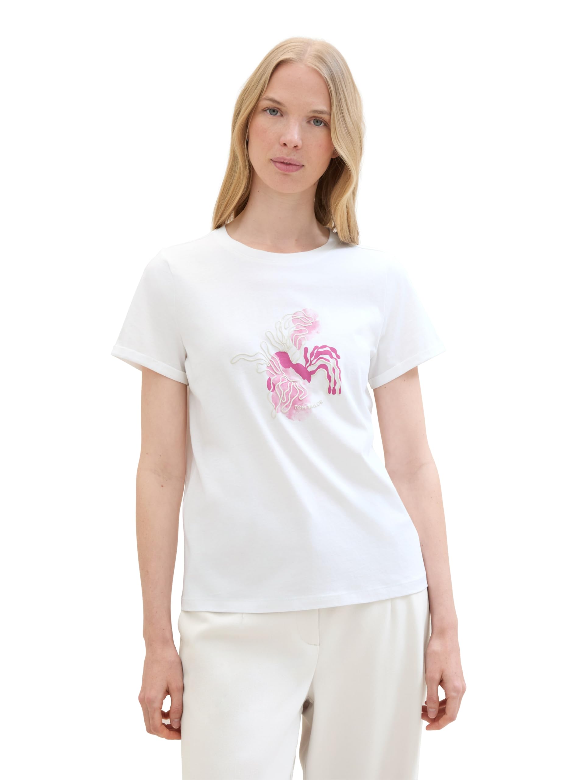 TOM TAILOR Women's Basic T-Shirt with Floral Print, 10315 Whisper White, M