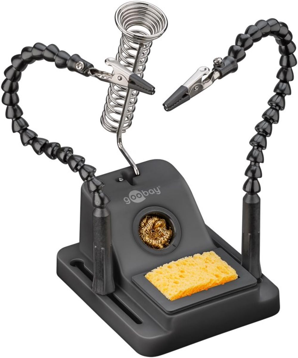goobay Tercera mano con brazos flexibles y soporte para soldador, herramienta soldadura con pinzas ajustables, esponja y lana limpiadora, base deslizable, para electrónica y bricolaje, 76561