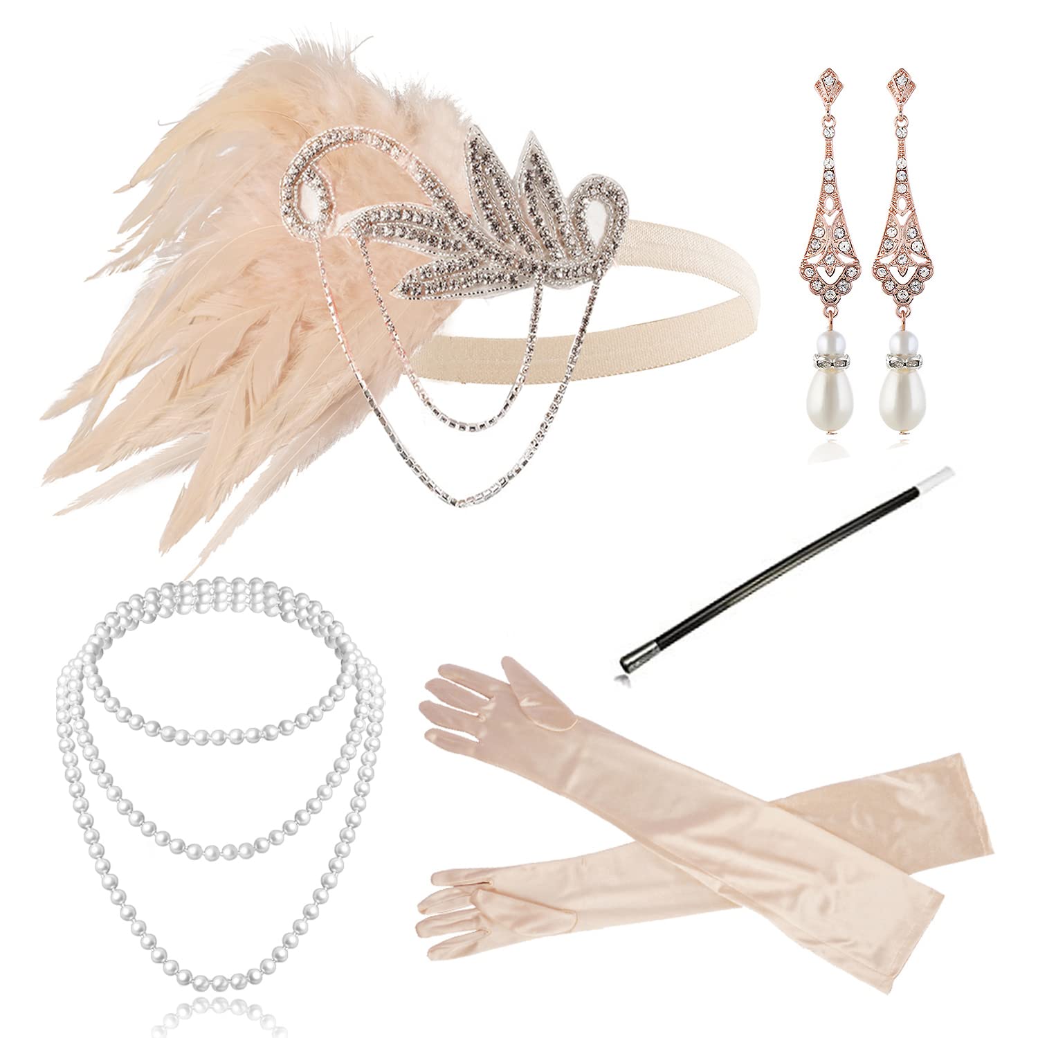 Cizoe 1920s Gatsby Accessories Set for Women Flapper Headband 20s Headpiece Necklace Gloves(ac4)