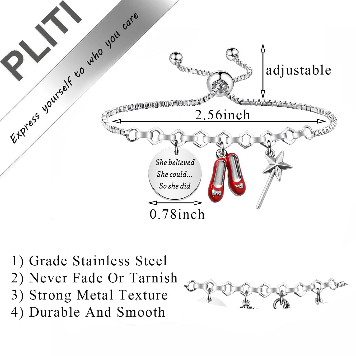 PLITI Dorothy Gift Dorothy Ruby Gift She Believed She Could So She Did Ruby Slippers Bracelet For Fantasy Movie Fan