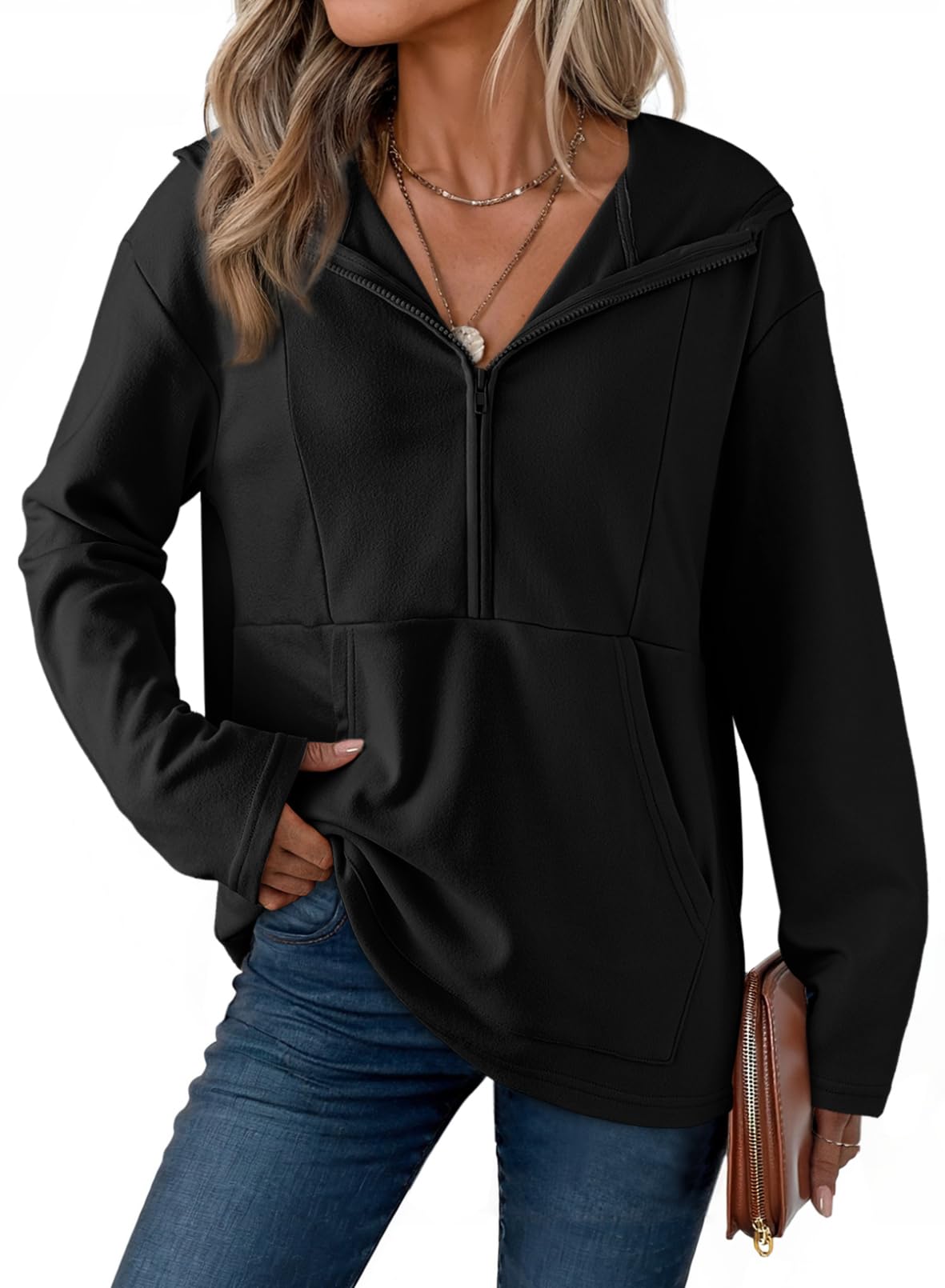 Dokotoo Kapuzenpullover Damen Hoodie Oversize Langarm Reißverschluss Half Zip Pullover Sweatshirts mit Taschen Oberteil Warm Weich Fleece Herbst Winter Lässig Hoodies Oberteile S-XXL