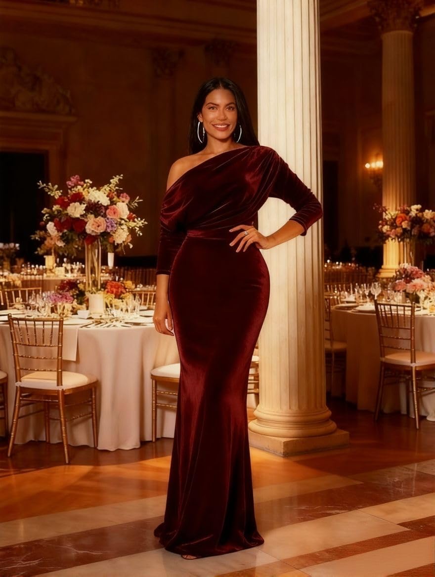 Velvet Maxi Formal Wedding Guest Dress for Women Mermaid Long Sleeves Prom Party Gown - Image 4