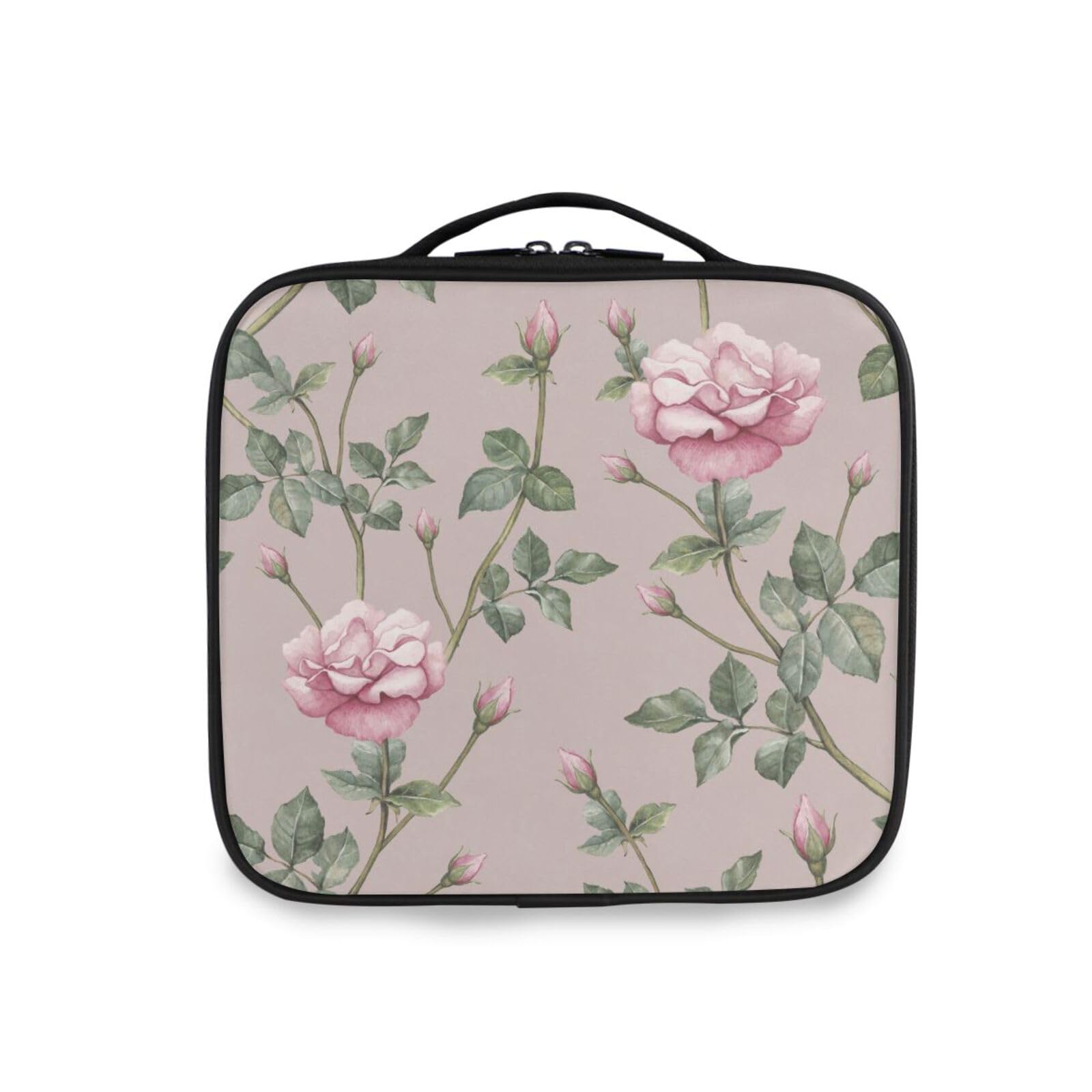 OTVEE Makeup Bag Pink Rose Flowers Vintage Travel Cosmetic Bag Large Train Case with Adjustable Dividers