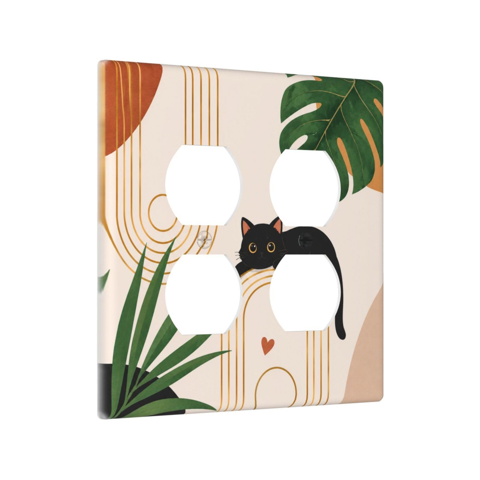 Thsanju Outlet Covers Boho Tropical Leaves Black Cat 2-Gang Duplex Light Switch Covers Decorative Mid Century Modern Gfci Wall Plate Electrical Receptacle Switchplate Plug Faceplate for Kitchen Decor
