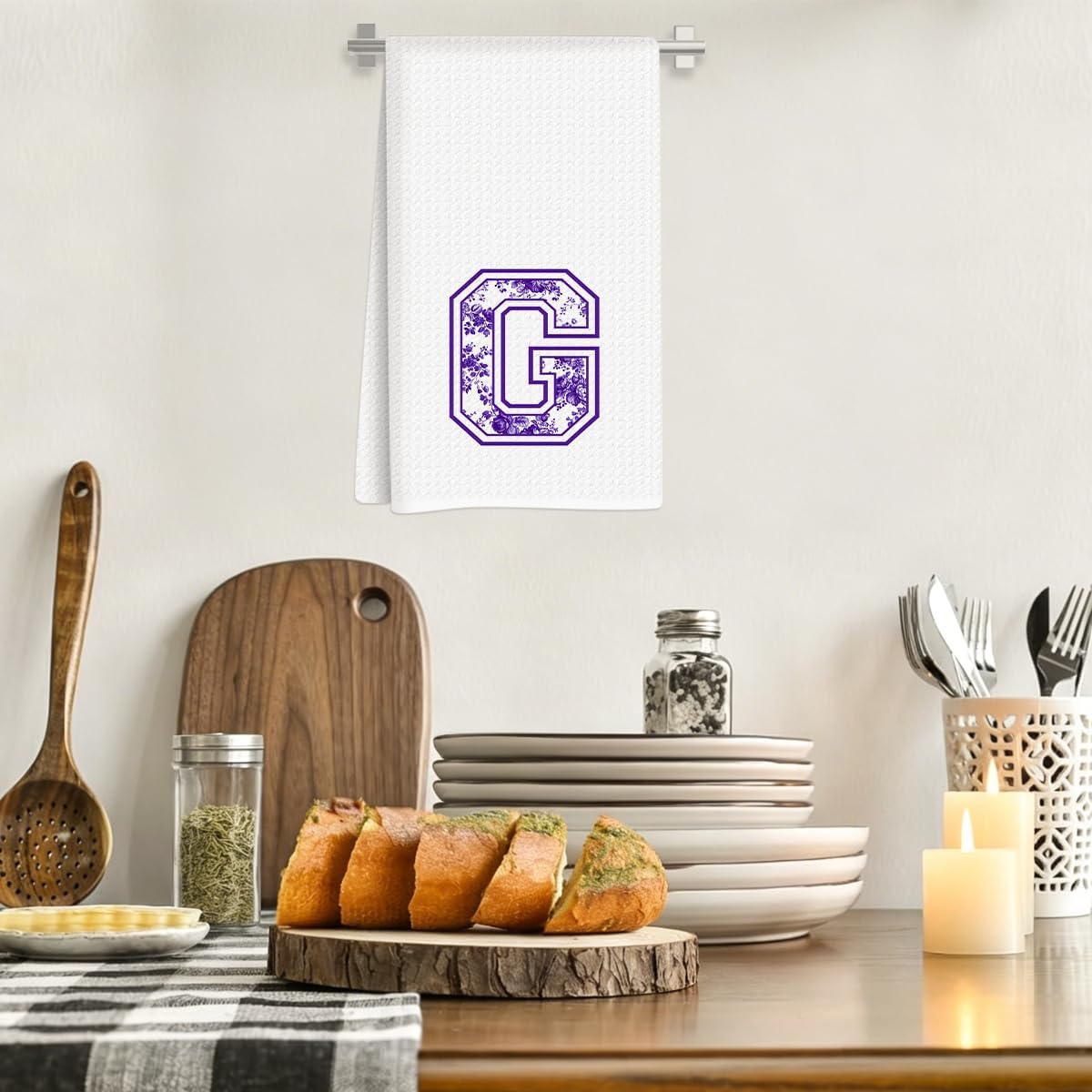 Chinoiserie Initial Kitchen Towels, Personalized Kitchen Towels, Personalized Gifts for Women, Purple Floral Initial G Waffle Hand Towel, Home Holiday Bathroom Bar Decor 14x24 Inch image 2
