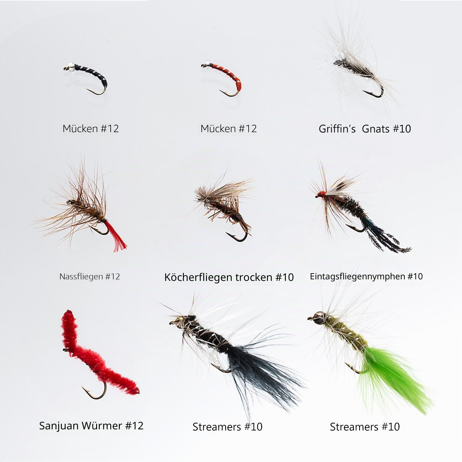 BASSDASH Fliegenfischen Fliegen-Set Fliegensortiment Forellen Barsch Angeln mit Fliegenbox mit Trockene/Nass Fliegen, Nymphen, Luftschlangen, Popper