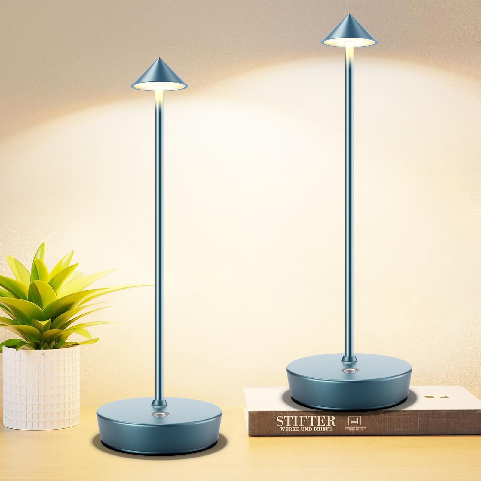 Tpczqj Set of 2 Rechargeable Cordless Table Lamp,6000mAh LED Battery Operated Desk Lamp Touch 3 Color Dimming Portable Outdoor Waterproof Table Light for Patio/Restaurant/Dining/Home (Blue)