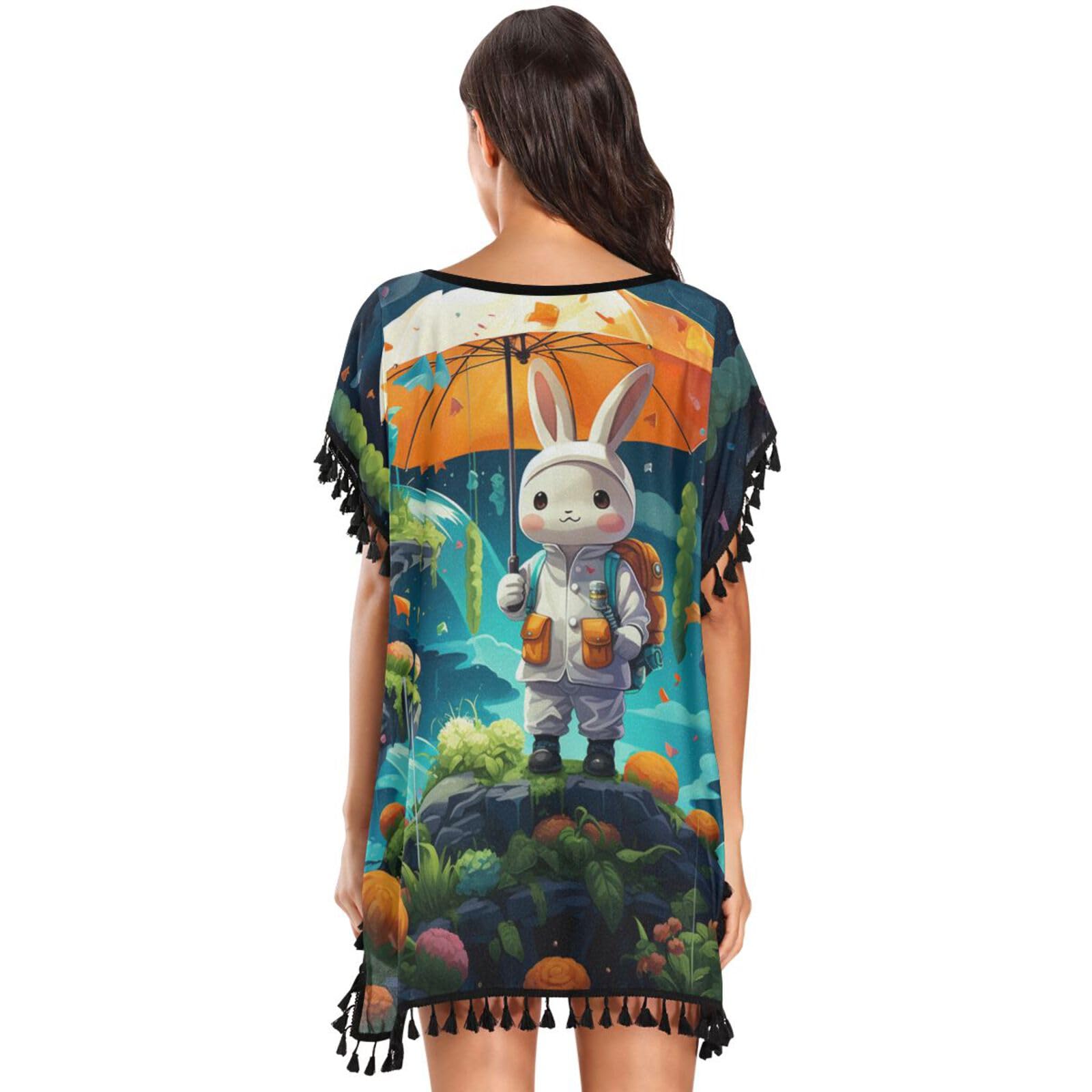 Cute Astronaut Rabbit Women's Beach Cover Up Chiffon Tassel Swimwear Swimsuit Coverups for Girl