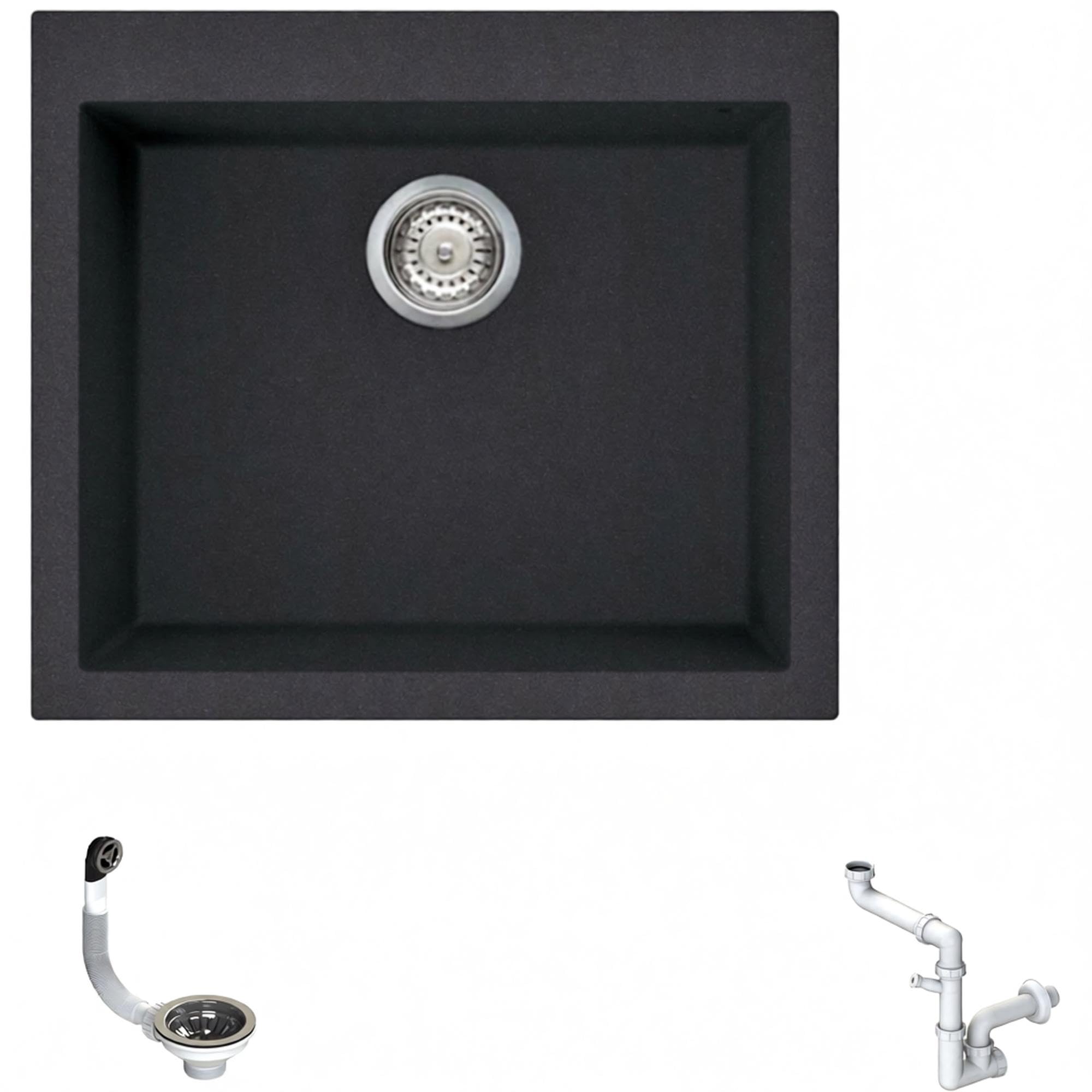 Lavello Incasso GRANITO Nero Assoluto FHULLER STPU560GNR 56X51 1 Vascone Vasca H 20, Base Minimo 60, Foro 54x49. Di Serie: piletta 3,5 + Sifone in Composito Ultramaterico Fragranite Granitek