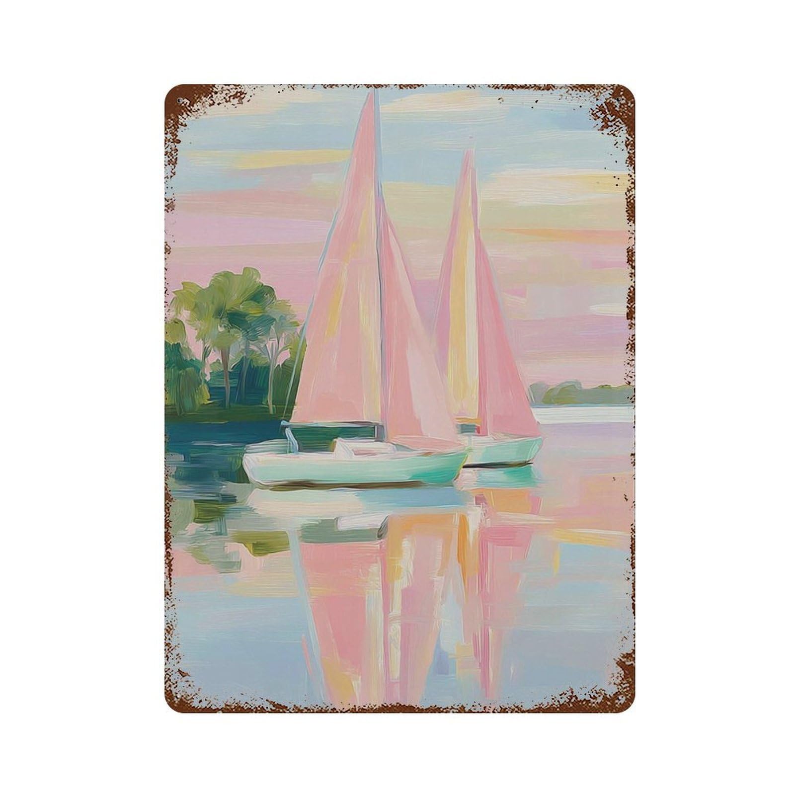 xiaoxiaoshen Sailboat Sunset Coastal Pastel Seascape Painting Nautical Boat Impressionist Oce Wall Decor Art Metal Tin Poster Modern Home Decor Art Home Bar Shop Decorations Vintage Sign 40x30cm