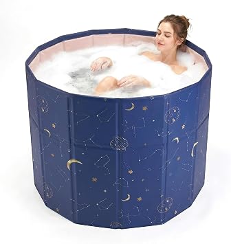Portable Bathtub Adult, Collapsible Freestanding Bathtub for Home Shower, Foldable Hot Ice Bath Tubs, Inflation-free Outdoor SPA Soaking Tub with Thickened Thermal Foam Planet Blue