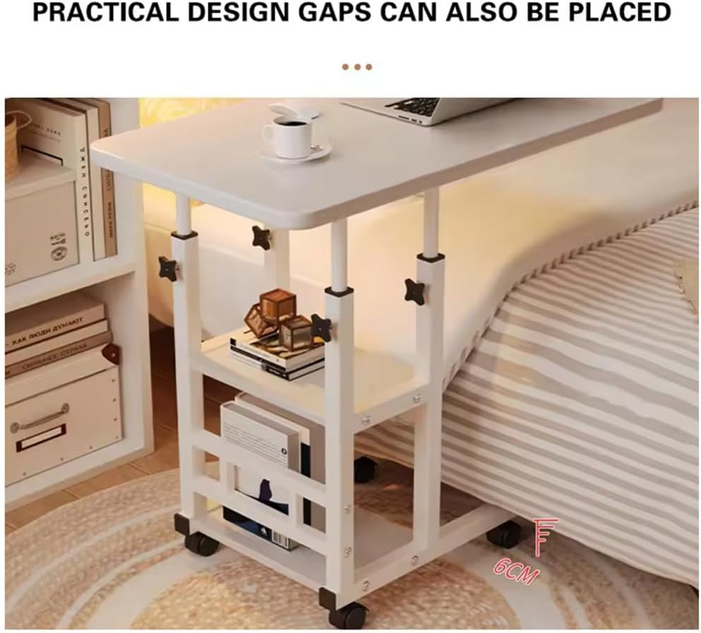 The C-shaped end table positioned with its base sliding under a bed, demonstrating its space-saving design.
