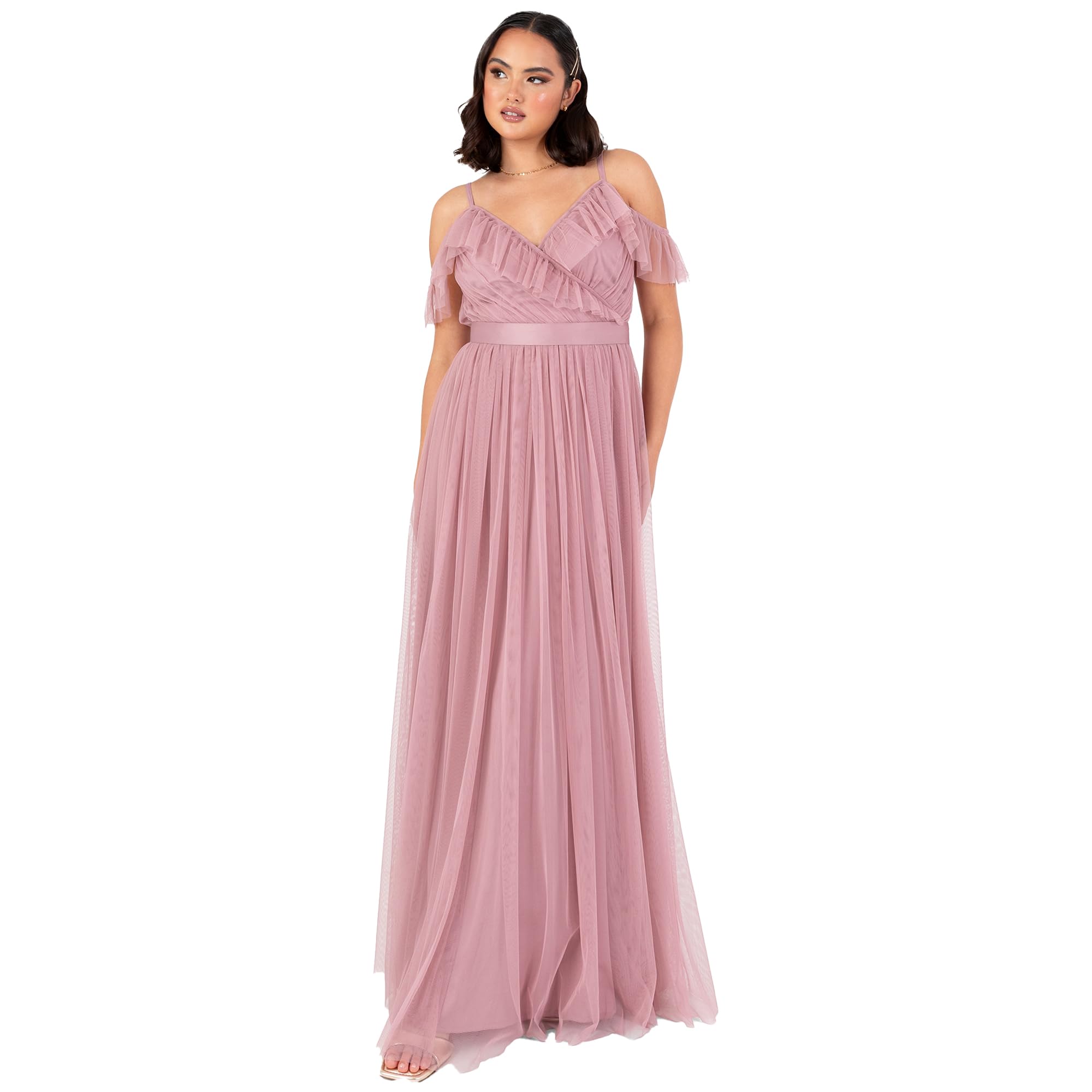 Anaya with Love Damen Women's Maxi Dress Ladies Sleeveless V-Neck Cold Shoulder Tulle Sash Tie Belt A-line Bridesmaid Wedding Guest Ball Gown Dress (1er Pack)