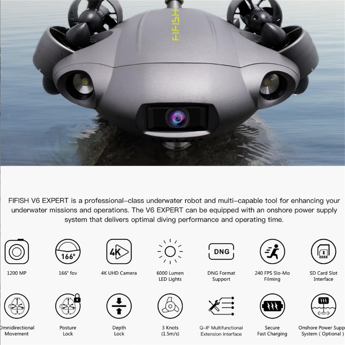 FIFISH V6E - Dron submarino con carcasa industrial Mini Rov con cámara 4K VR Submarino Buceo 14400mAh ROV Robot subacuático (juego estándar M100)