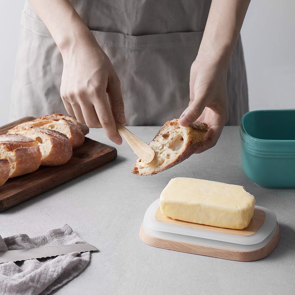 Beurrier avec couvercle hermétique en bois - Design porcelaine extra large pour conserver la fraîcheur et le stockage